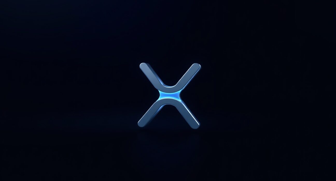 Digital XRP token symbol glowing against dark background representing cryptocurrency market analysis