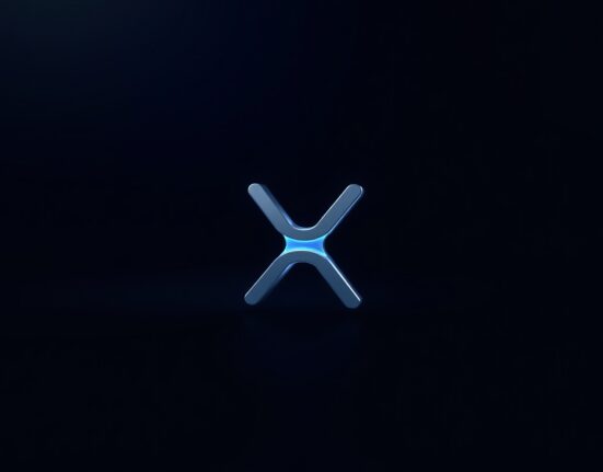 Digital XRP token symbol glowing against dark background representing cryptocurrency market analysis