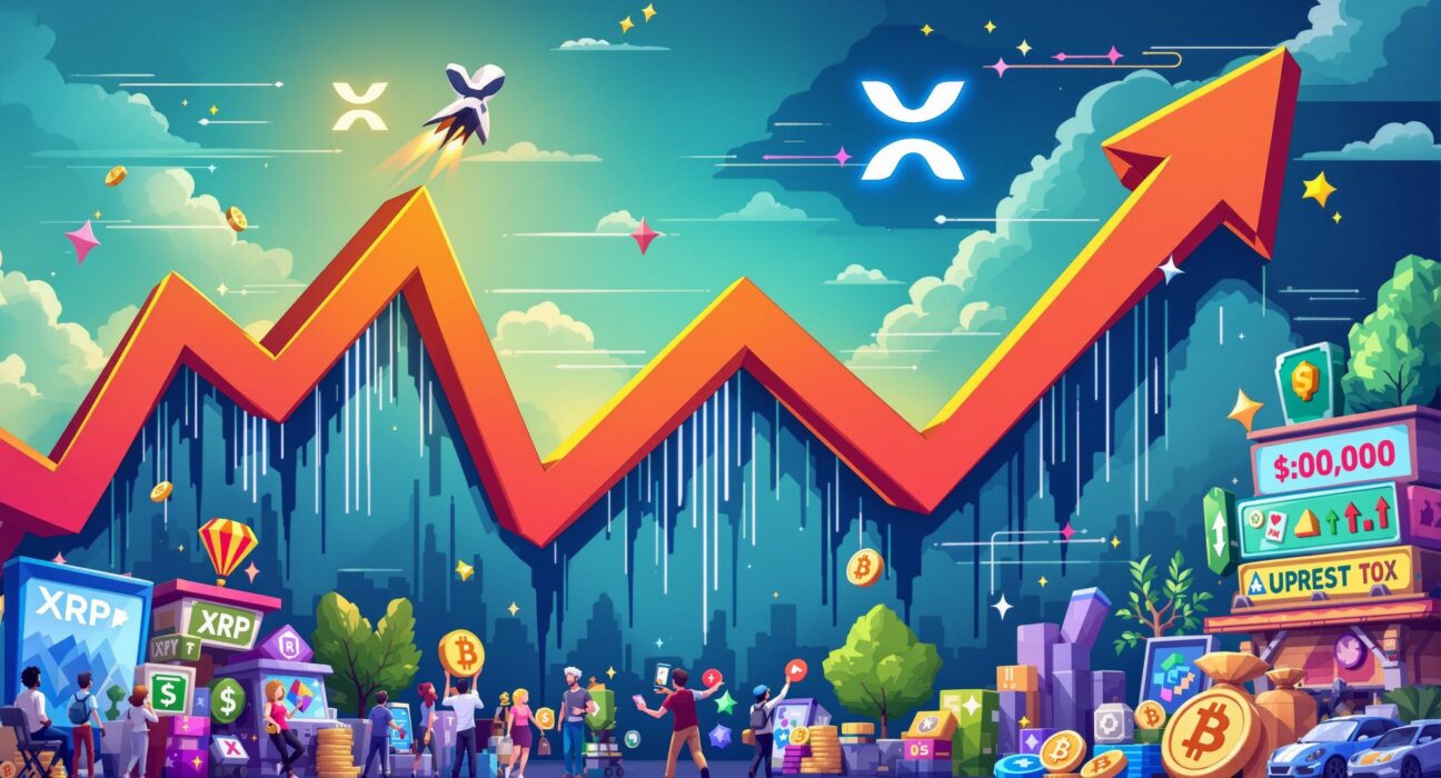 A cartoon illustration showing XRP price prediction soaring past previous highs, indicating potential for a new all-time high.