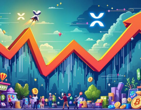 A cartoon illustration showing XRP price prediction soaring past previous highs, indicating potential for a new all-time high.