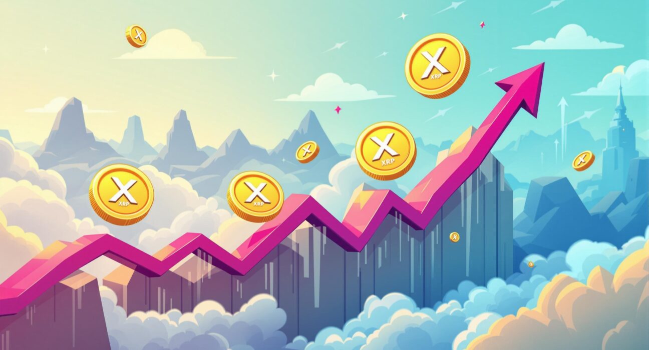A cartoon illustration showing an XRP token soaring on a chart, symbolizing an optimistic XRP price prediction and market growth.