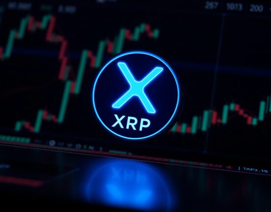 XRP digital coin on a dark trading dashboard background with charts
