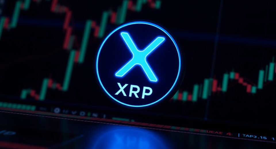 XRP digital coin on a dark trading dashboard background with charts