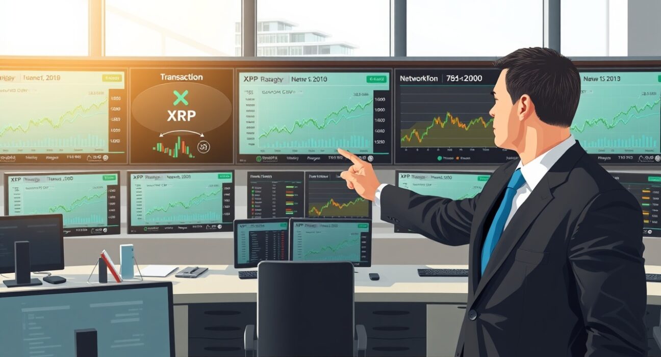 Financial analyst explaining XRP price dynamics with institutional versus retail transaction data screens