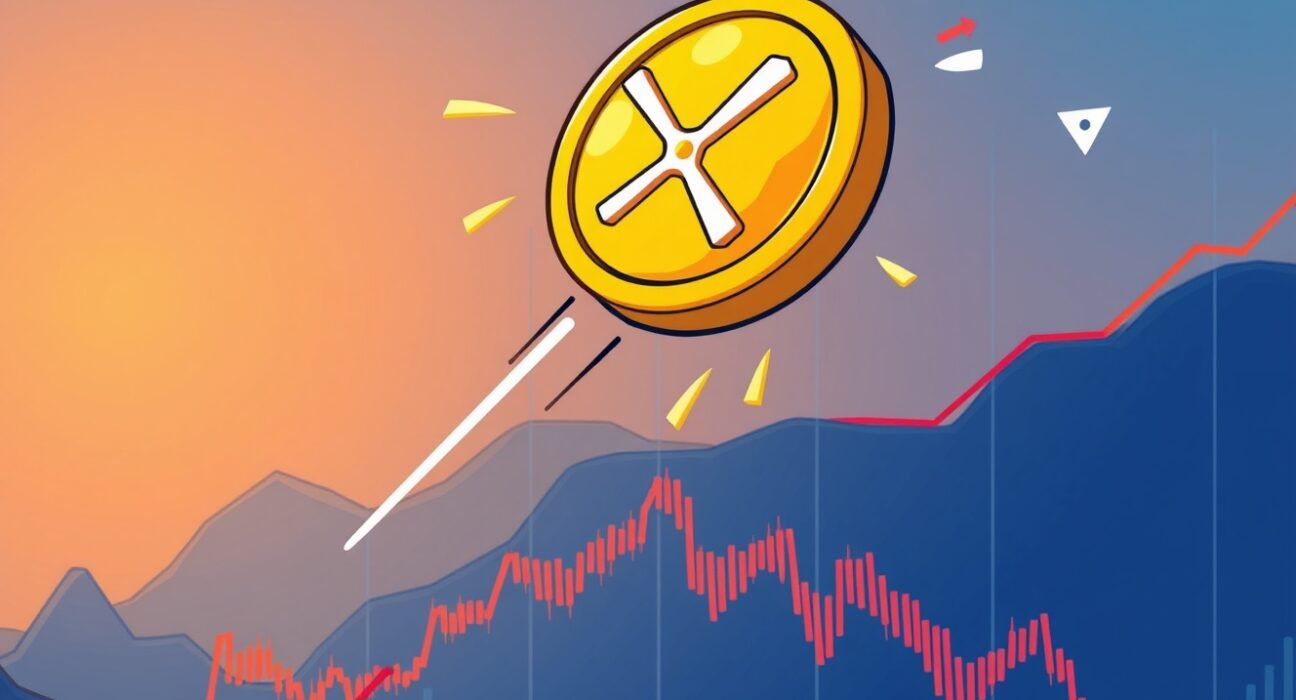 A cartoon XRP coin breaking through a resistance line on a chart, symbolizing a potential rise to its next XRP price target.