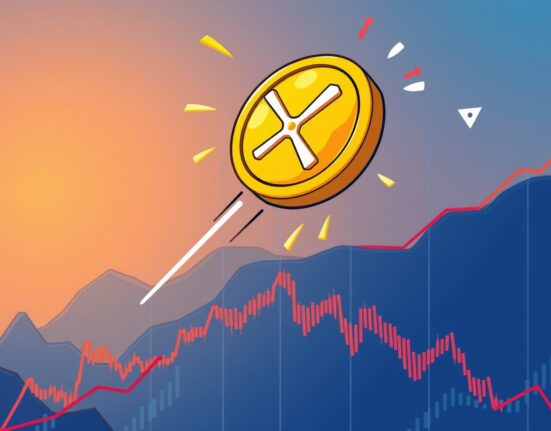 A cartoon XRP coin breaking through a resistance line on a chart, symbolizing a potential rise to its next XRP price target.