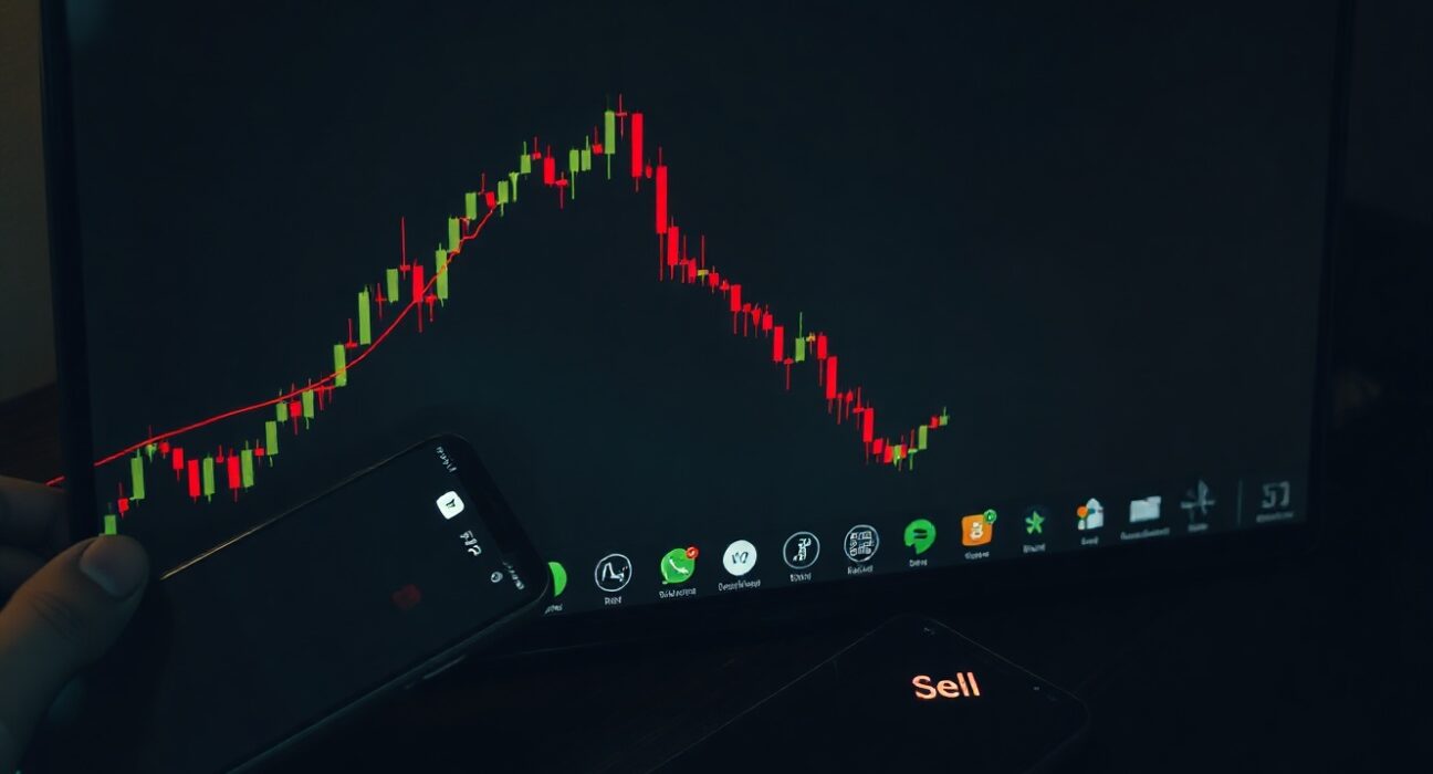 XRP price chart showing a sharp decline below the $1.13 support level with a red sell order on a smartphone