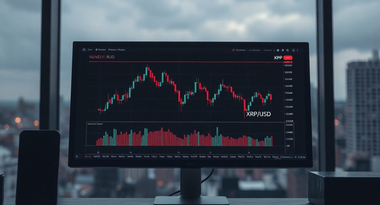 Close-up of a monitor displaying XRP/USD weekly chart with narrowing Bollinger Bands and declining RSI indicator.