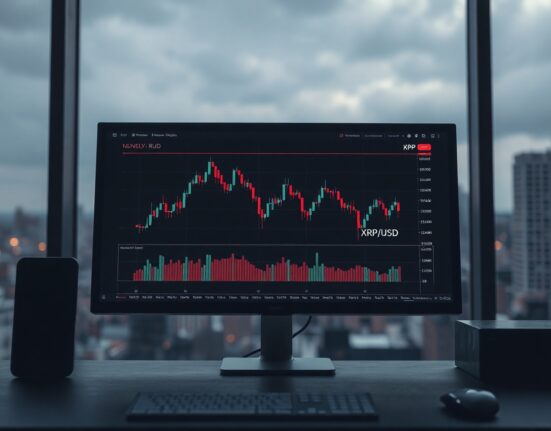 Close-up of a monitor displaying XRP/USD weekly chart with narrowing Bollinger Bands and declining RSI indicator.