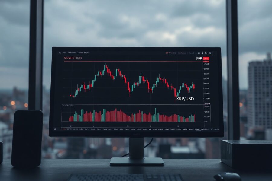 Close-up of a monitor displaying XRP/USD weekly chart with narrowing Bollinger Bands and declining RSI indicator.