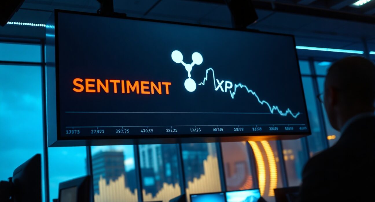 Digital display showing a declining XRP sentiment graph in a dimly lit trading studio.