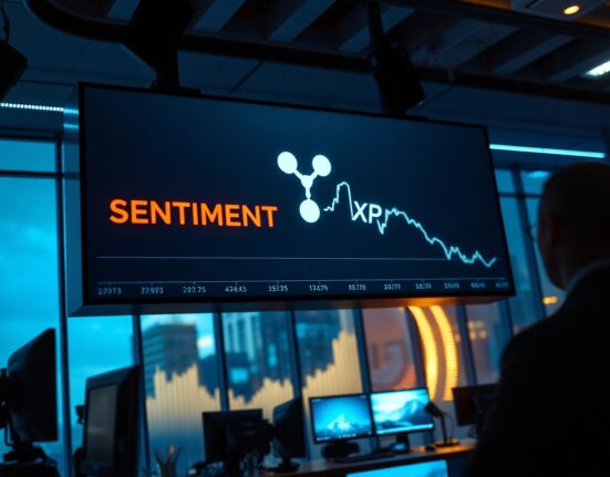 Digital display showing a declining XRP sentiment graph in a dimly lit trading studio.