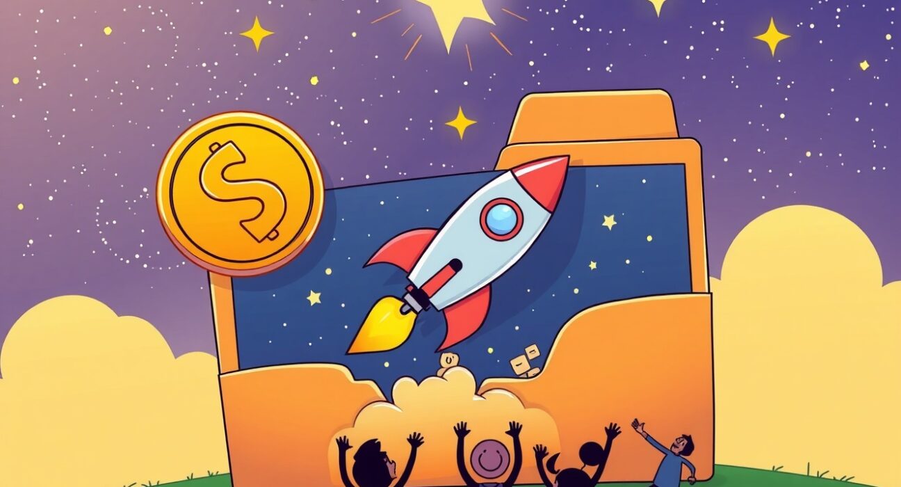 XRP spot ETF rocket launching from documents symbolizing innovation in crypto investment