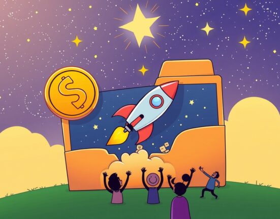 XRP spot ETF rocket launching from documents symbolizing innovation in crypto investment