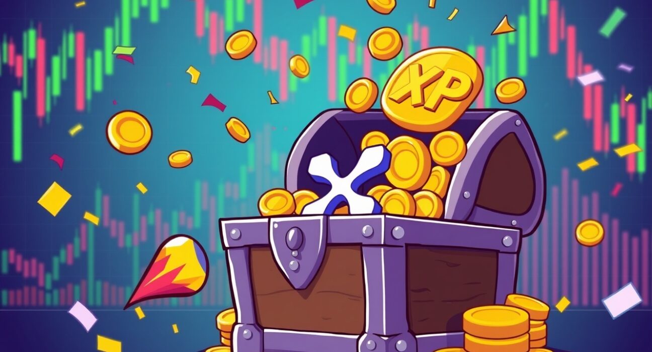 Explosive XRP spot ETF launch showing rocket chest bursting with coins and market charts