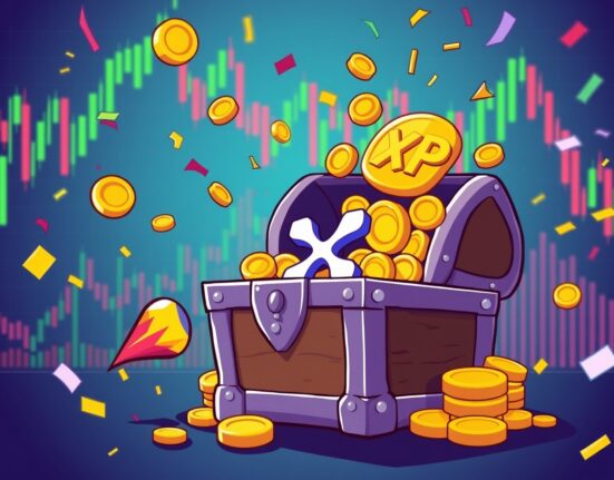 Explosive XRP spot ETF launch showing rocket chest bursting with coins and market charts