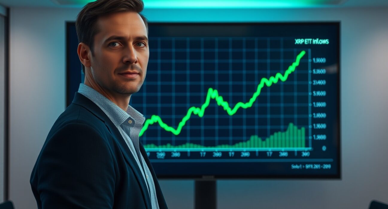 Financial analyst reviewing a digital chart showing XRP ETF inflows with a positive trend.