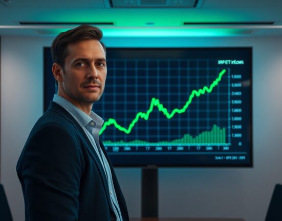 Financial analyst reviewing a digital chart showing XRP ETF inflows with a positive trend.
