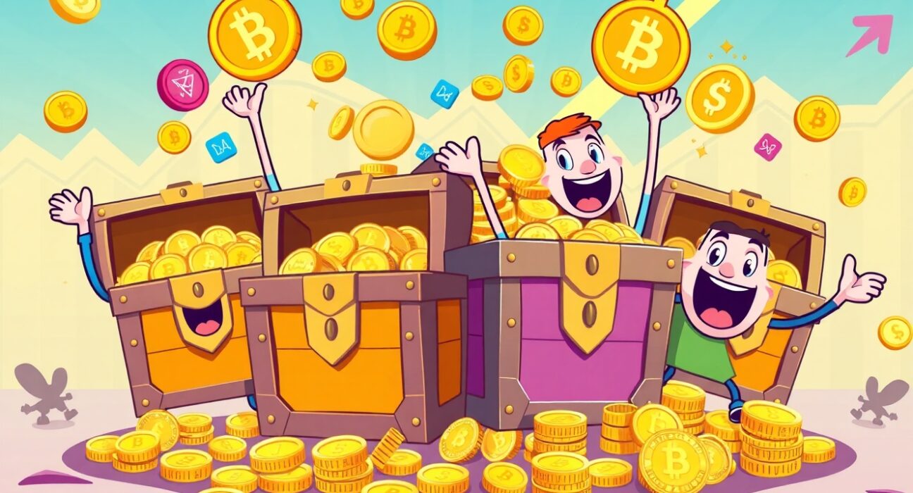XRP spot ETFs success shown as overflowing treasure chests with happy investors celebrating massive inflows