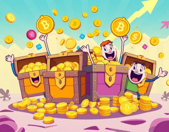 XRP spot ETFs success shown as overflowing treasure chests with happy investors celebrating massive inflows