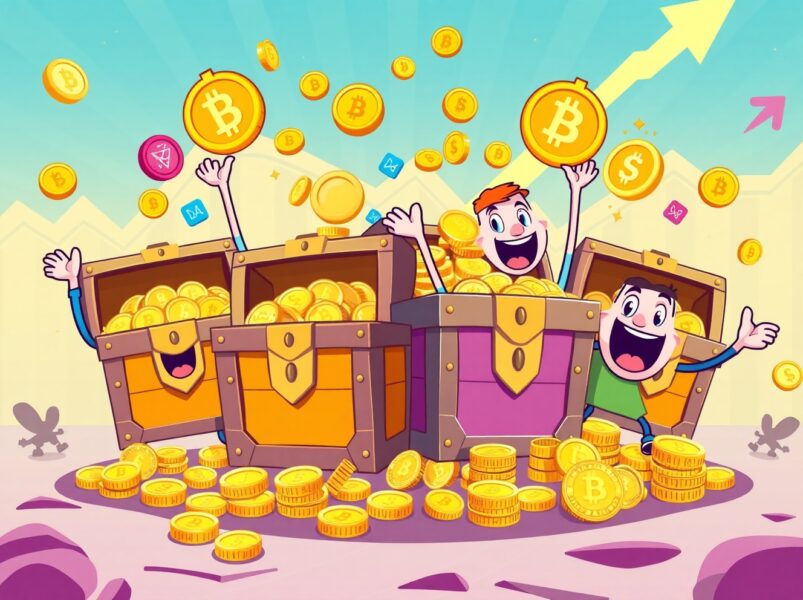 XRP spot ETFs success shown as overflowing treasure chests with happy investors celebrating massive inflows