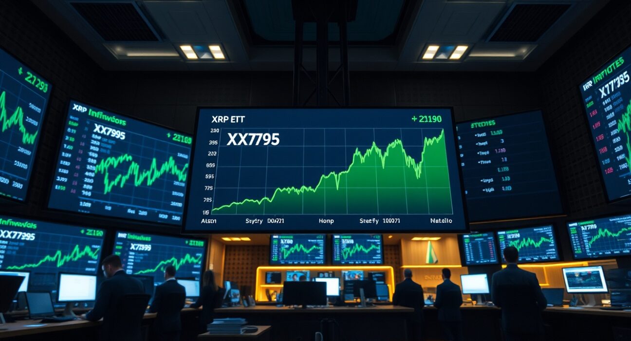 Trading floor screens showing XRP ETF inflow data with green upward trend