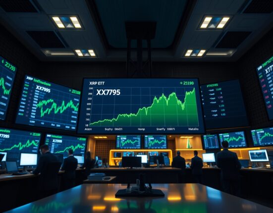 Trading floor screens showing XRP ETF inflow data with green upward trend