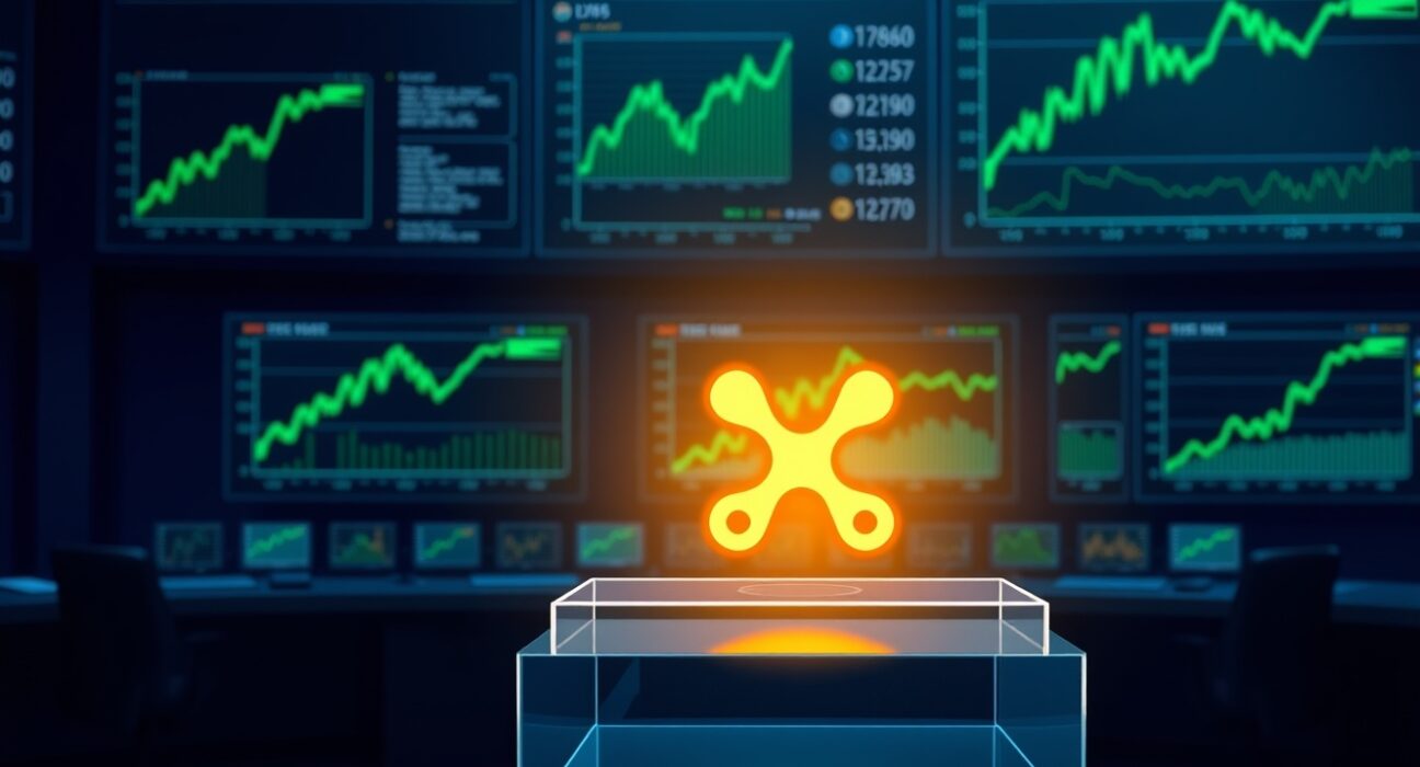 XRP token icon displayed on a screen in a financial data center with positive market charts
