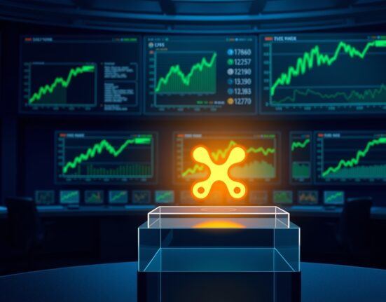 XRP token icon displayed on a screen in a financial data center with positive market charts
