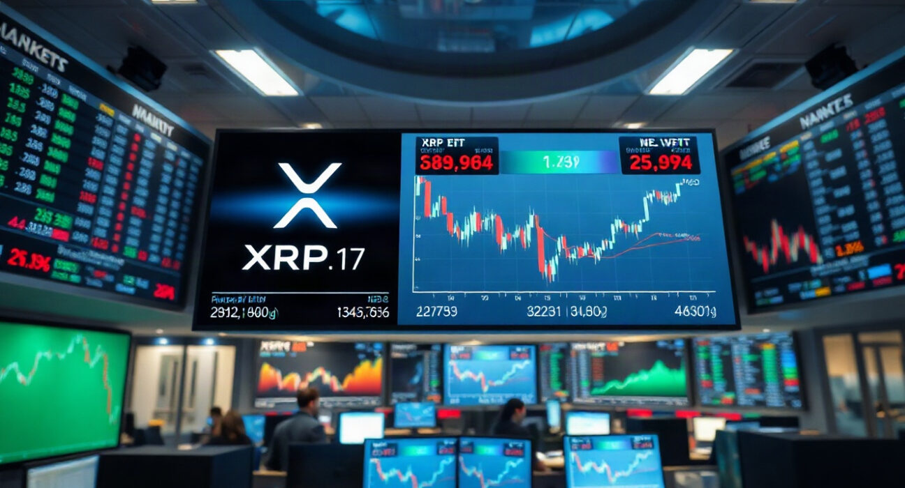 XRP price charts and ETF data on trading screens in a financial newsroom