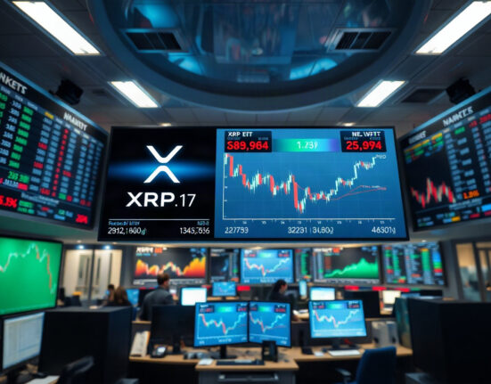XRP price charts and ETF data on trading screens in a financial newsroom