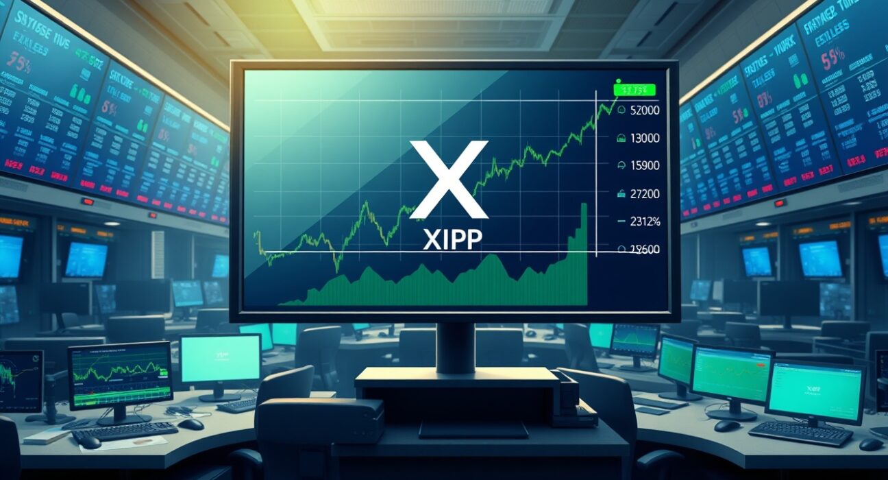 Digital display showing surging XRP trading volume charts in a professional financial analysis setting.