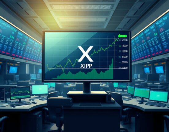 Digital display showing surging XRP trading volume charts in a professional financial analysis setting.