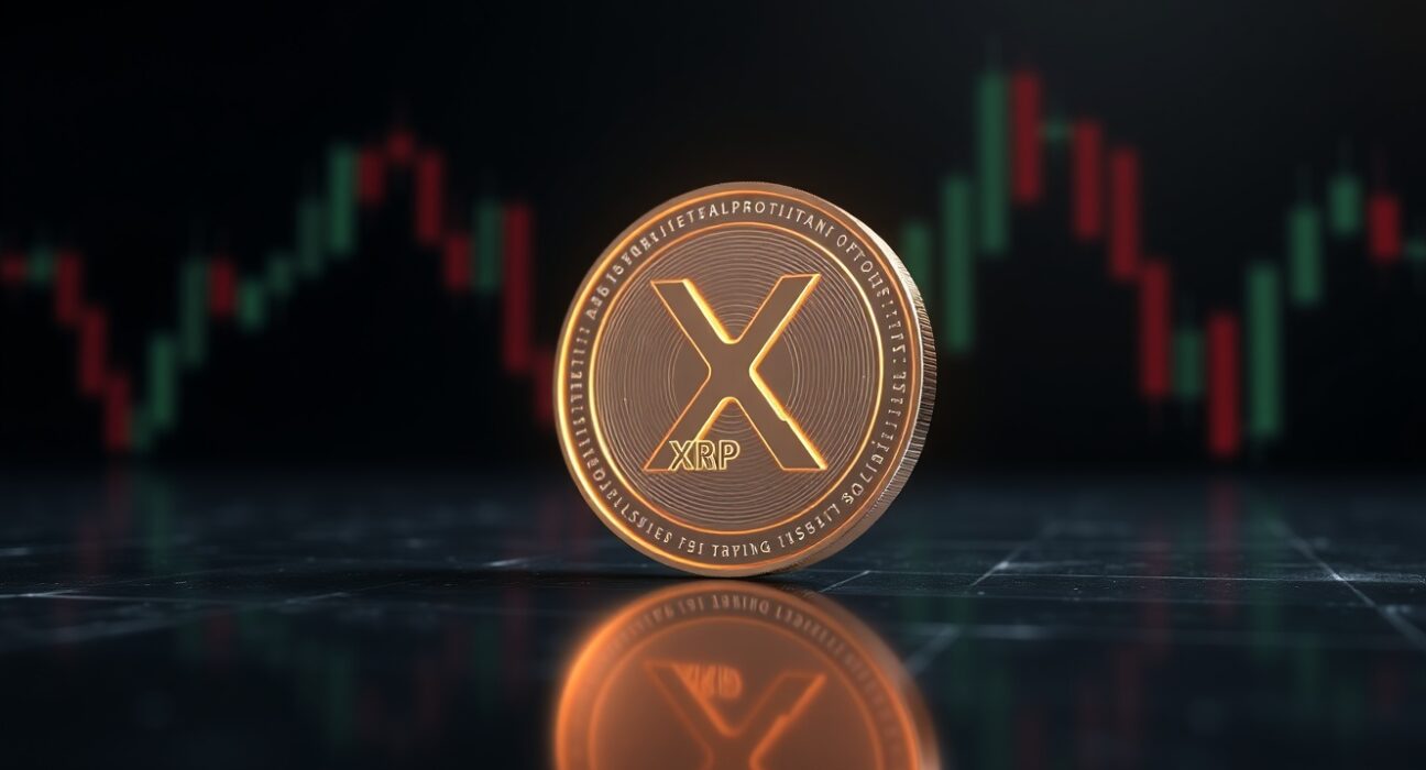 A close-up, photorealistic image of a digital XRP token against a dark background with subtle financial charts.
