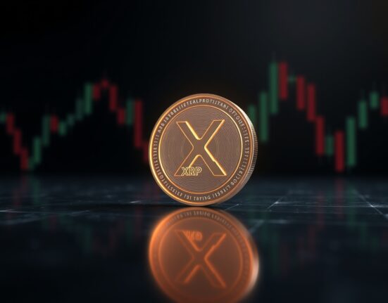 A close-up, photorealistic image of a digital XRP token against a dark background with subtle financial charts.