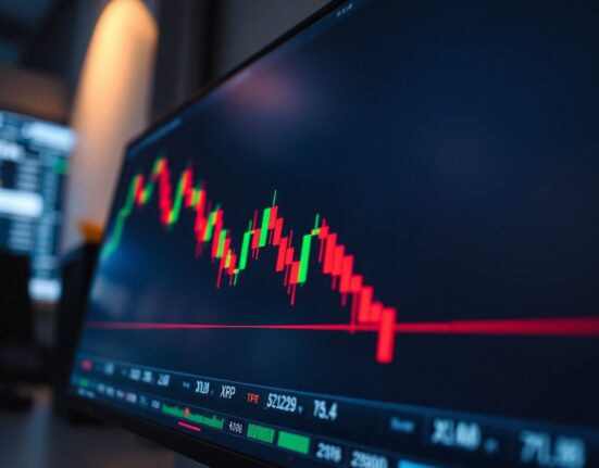 Cryptocurrency price charts for XRP and Stellar showing bearish market trends on a trading screen.