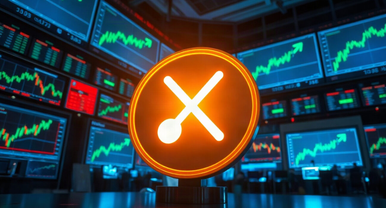 XRP coin symbol in front of trading charts showing a bullish trend