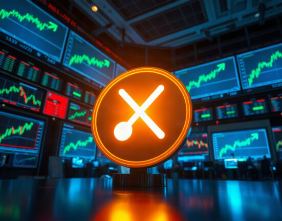 XRP coin symbol in front of trading charts showing a bullish trend