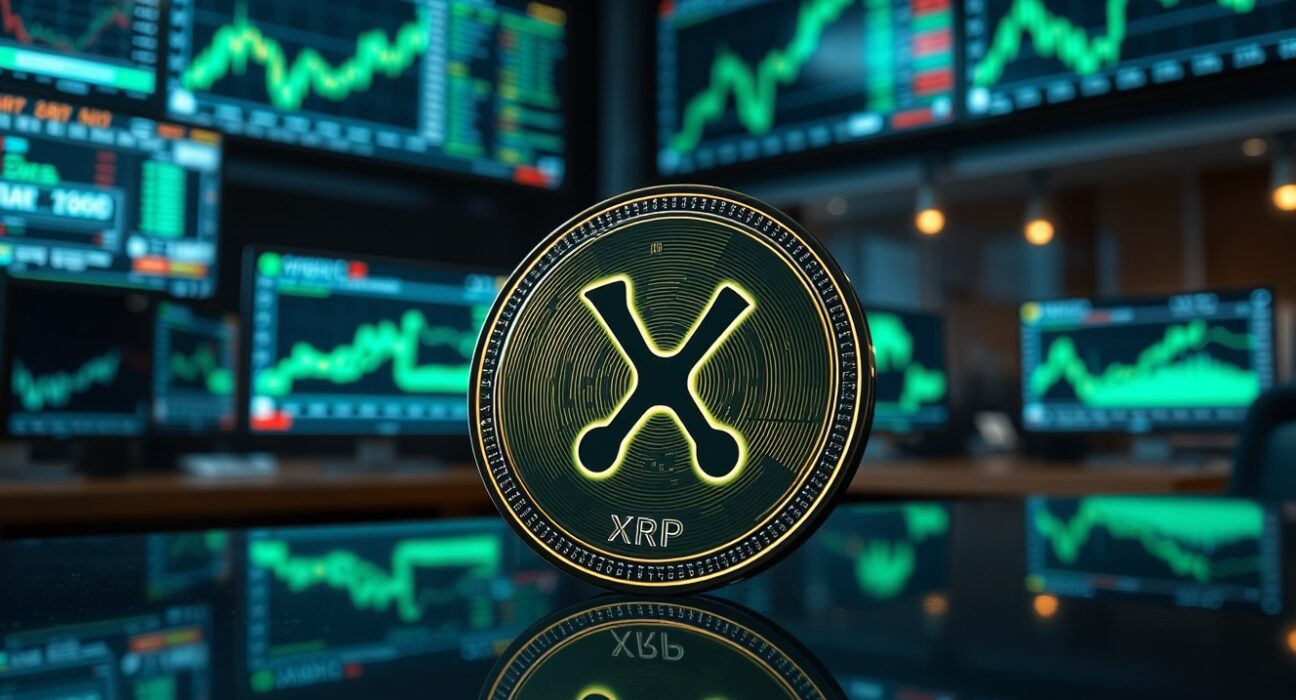 Close-up of an XRP coin on a trading desk with bullish charts in the background