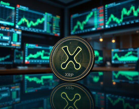 Close-up of an XRP coin on a trading desk with bullish charts in the background