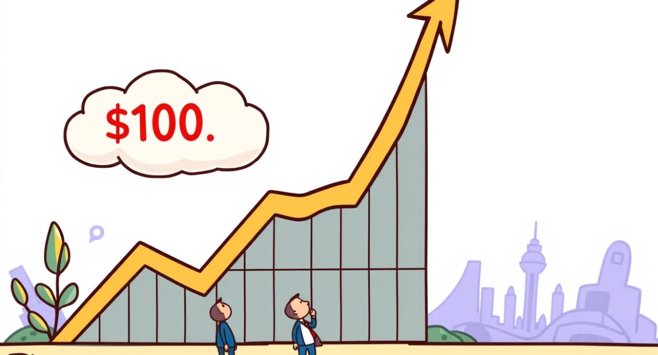 A cartoon chart showing a massive XRP price surge towards $100, symbolizing the potential for significant growth.