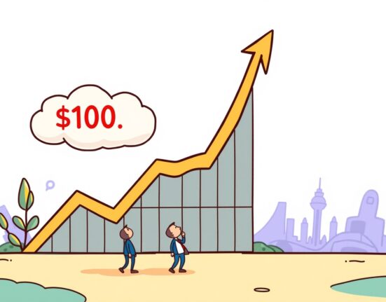 A cartoon chart showing a massive XRP price surge towards $100, symbolizing the potential for significant growth.