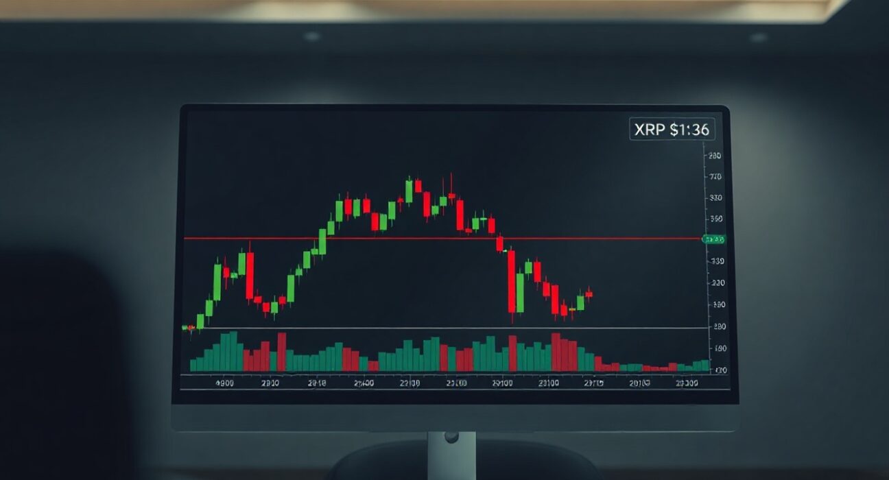 XRP price chart showing triangular convergence pattern and resistance level on a trading monitor