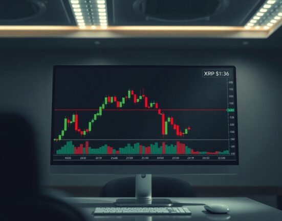 XRP price chart showing triangular convergence pattern and resistance level on a trading monitor