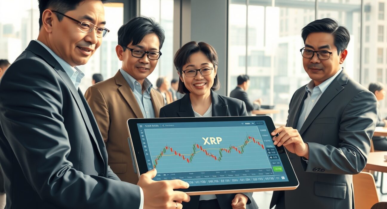 South Korean investors analyzing XRP cryptocurrency trading data on a digital tablet in Seoul.