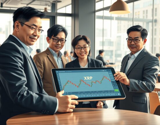South Korean investors analyzing XRP cryptocurrency trading data on a digital tablet in Seoul.