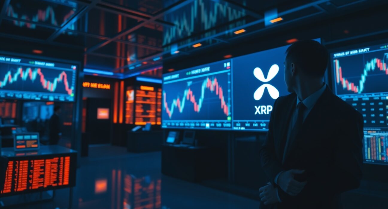 South Korean crypto exchange screens showing XRP trading charts with professional trader in foreground