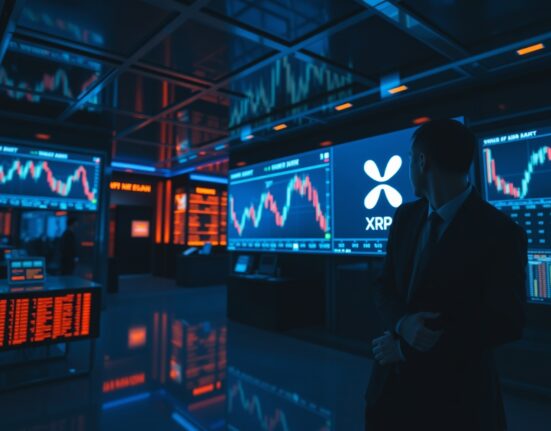 South Korean crypto exchange screens showing XRP trading charts with professional trader in foreground