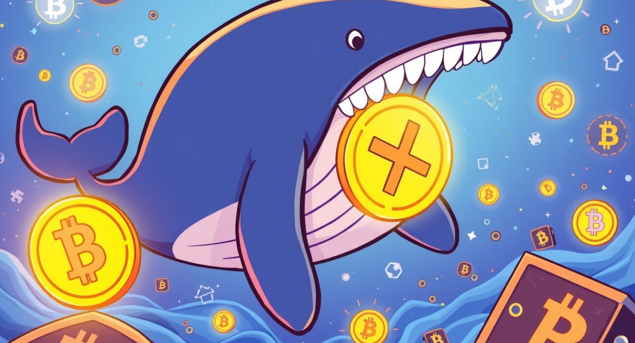 Giant whale carrying XRP cryptocurrency coin in dramatic blockchain transfer