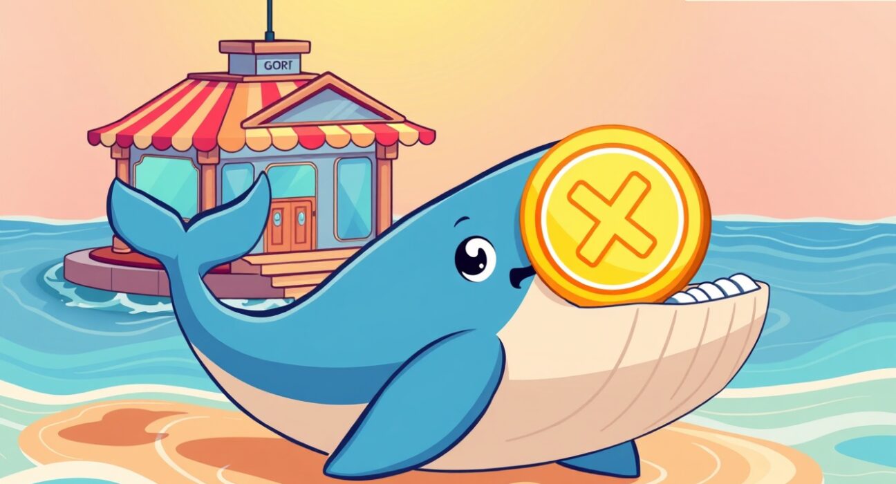 Cartoon whale carrying XRP cryptocurrency coin toward exchange in massive XRP transfer